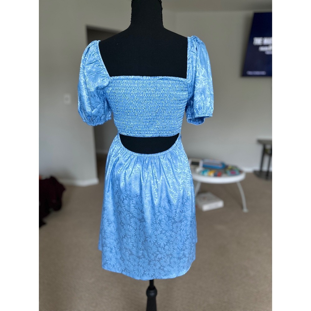Altar'd State Blue Floral Jacquard Puff Sleeve Cutout Back Mini Dress Small - Picture 2 of 9